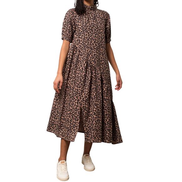 Maria Stanley Tiered Midi Dress Animal Print Linen Cotton Large Tan Black Modest